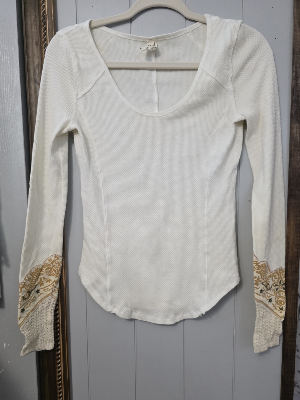 Free People Cream Scoop Neck Long Sleeve Top with Embroidered Cuffs